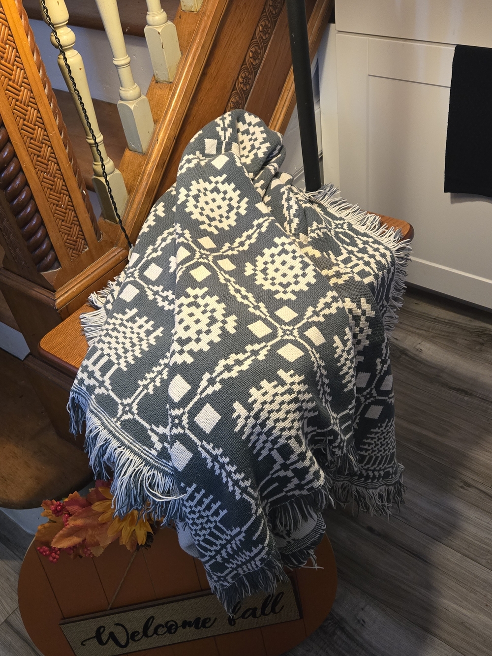 Source Unknown Blue & White Geometric Fringe Throw Blanket